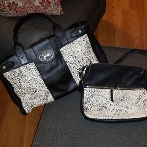 Fossil leather and fur tote and crossbody bag set